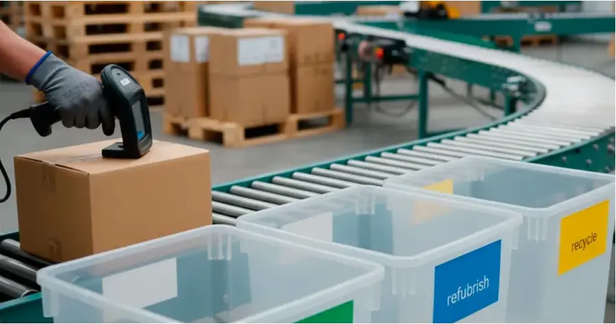 Fut&oacute;szalagon vonalk&oacute;d olvas&aacute;s &uacute;jrahasznos&iacute;t&aacute;si kont&eacute;nerekkel rakt&aacute;rban - EPR bevall&aacute;s 2026