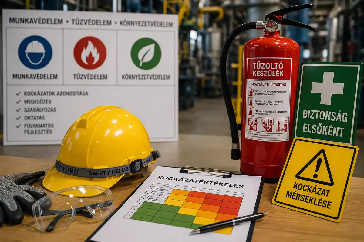 Munkavédelmi asztal: sárga védősisak, szemüveg, kockázatértékelő tábla és mellette piros tűzoltó készülék egy ipari csarnokban.
